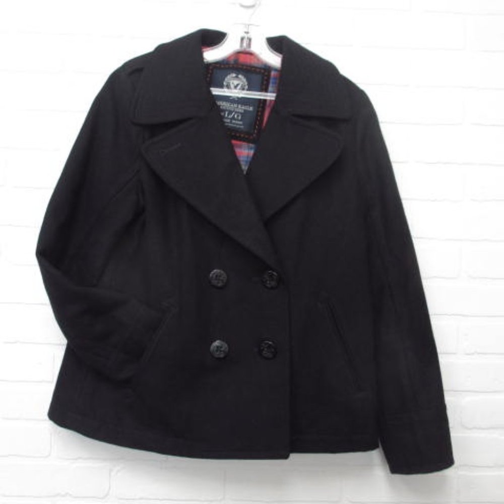 American Eagle Nautical Navy Double Breasted Wool Blend Pea Coat Plaid Lining
